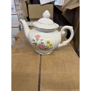 Rare Vintage Teapot Pink Yellow Floral Pattern Gold Trim * Japan 6.5" Tall